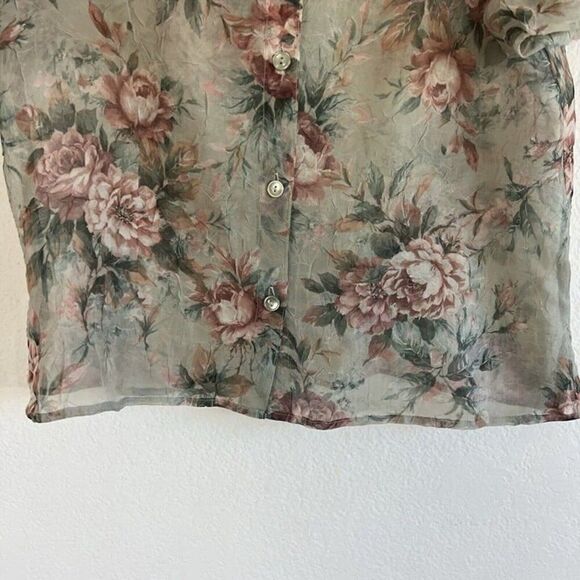 Blair Vintage 90s Women’s Semi Sheer Green Floral Button Front Blouse Size 16P - Picture 8 of 10